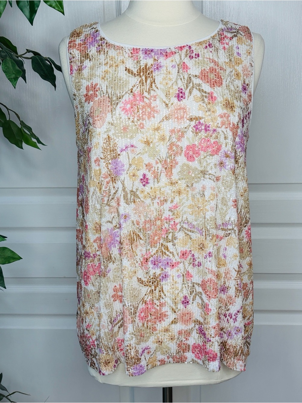 Susan Graver Printed Sequin Knit Lined Scoop-Neck Sleeveless Top ~ Rose Sand